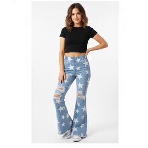 L&B Lucky and Blessed Retro Boho American Stars Pull-on Wide Leg Flare Jeans, SM